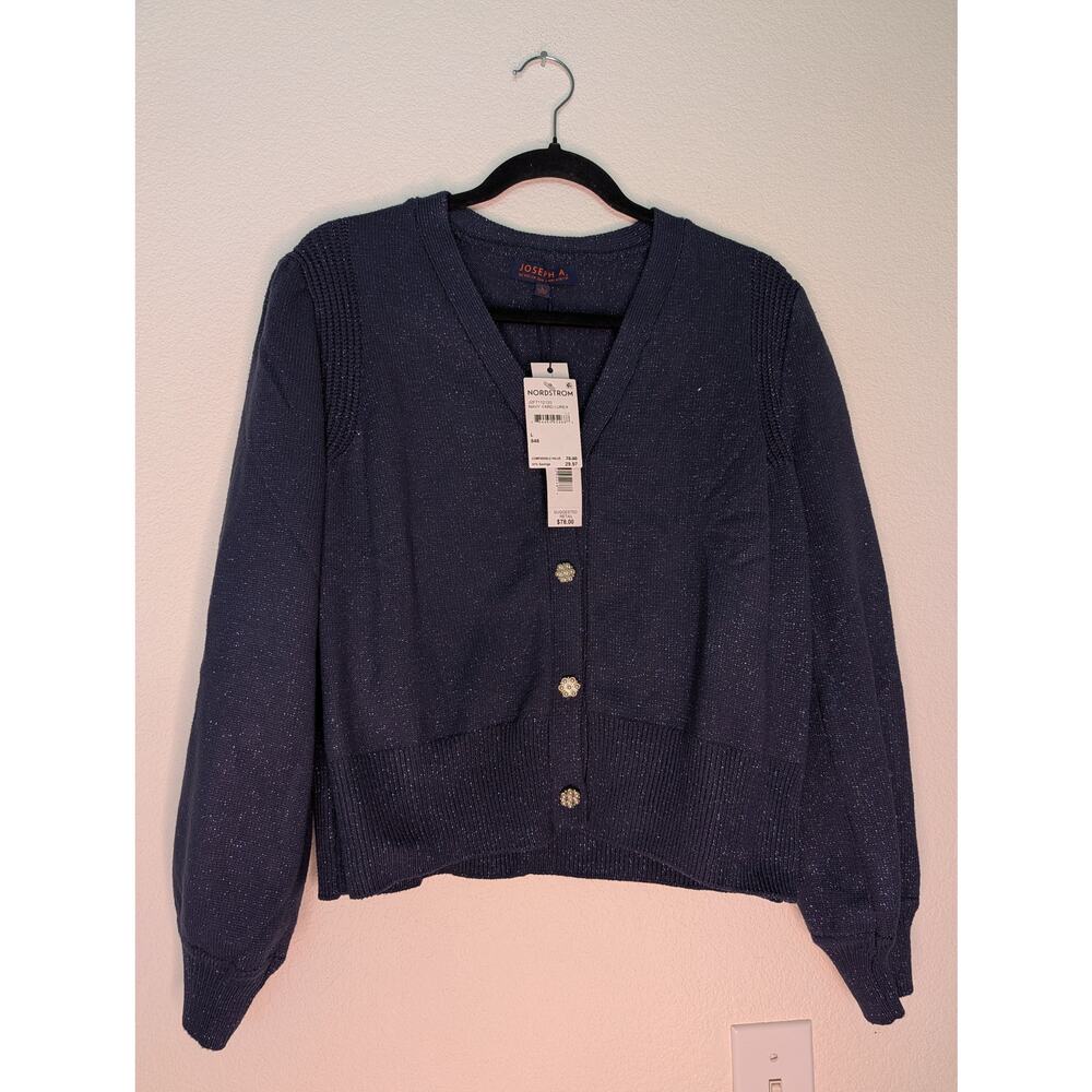Nordstrom Joseph A NWT Navy Lurex Sparkle Cardigan L Jeweled Buttons Coquette